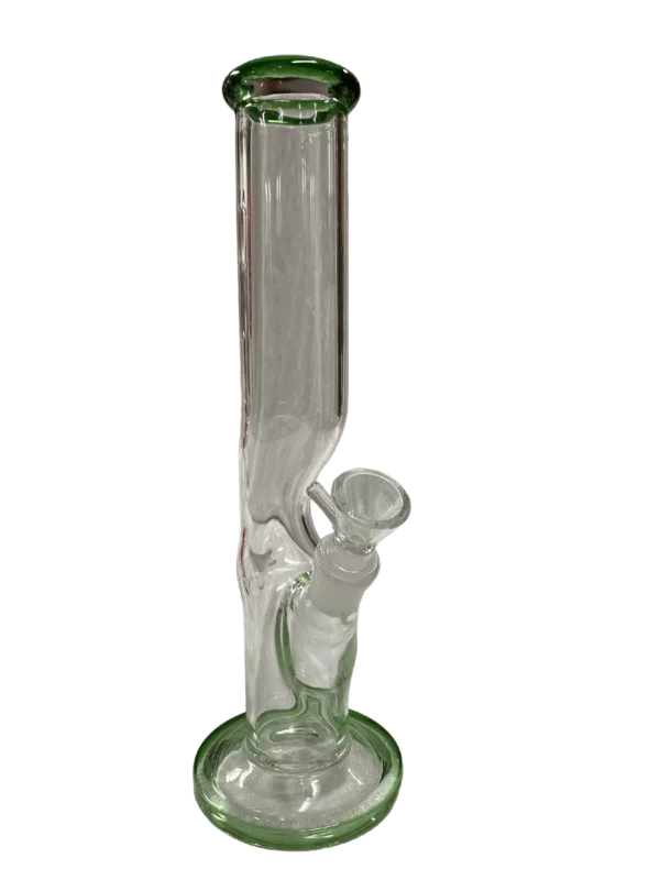 A transparent glass pipe with a curved and straight metallic stem, featuring a small transparent base with a hole at the top.