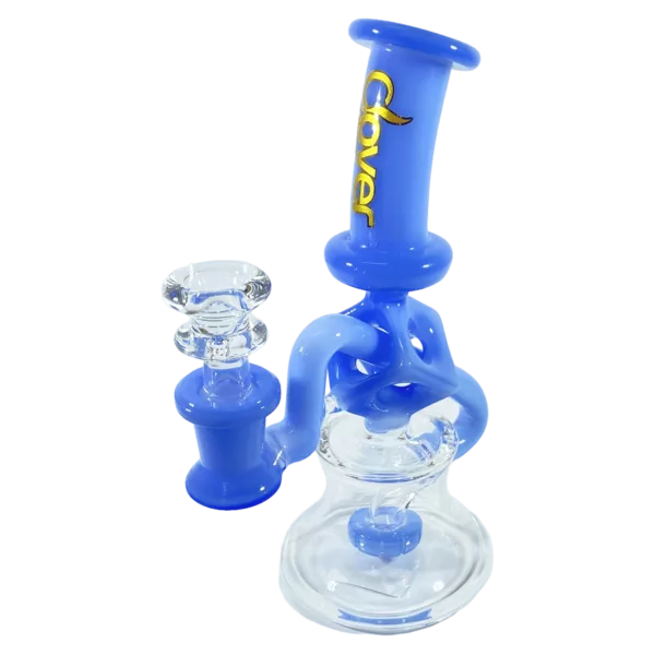 Stylish bong with large bowl and two downstems. Clear, blue, and orange design on stand and base. Candelabra WP - CCWPE521 (BRCD).