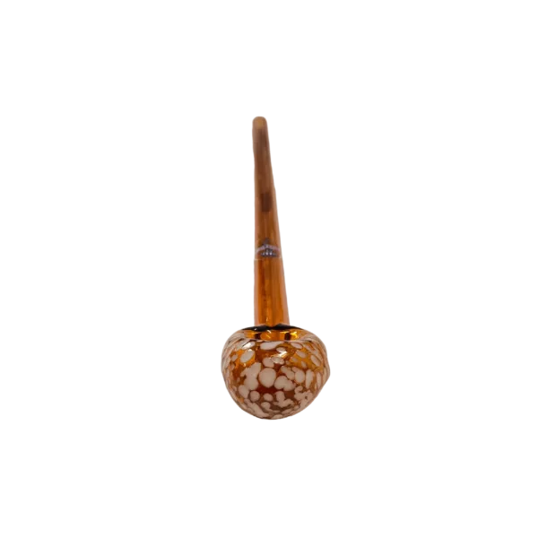 Long wooden stem with white & brown swirls on a round, translucent body. Tapered stem with small knob at end.