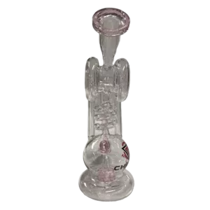 Glass water pipe with pink skull design, wooden base, metal stopper and loop, and pink flower attachment. Green background.