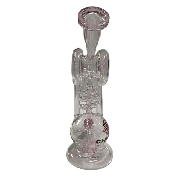 Glass water pipe with pink skull design, wooden base, metal stopper and loop, and pink flower attachment. Green background.