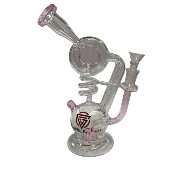 Glass water pipe with pink handle and bowl, cylindrical body, small pink rubber mouthpiece with black ring, clear stem connecting base to handle.