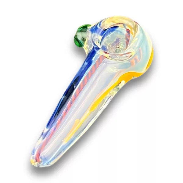 Multi-colored swirl cone glass pipe with yellow, blue, green, red, and purple hues. Smooth and glossy finish.