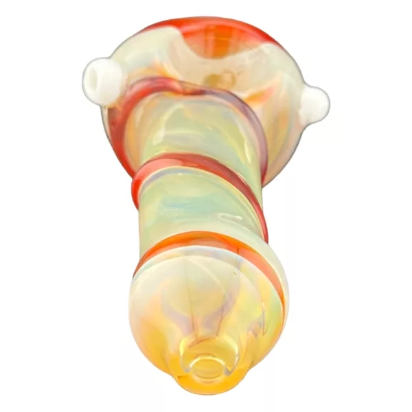 Double Spiral Lined Glass Pipe with smooth, glossy finish in orange, yellow, and white colors. Curved end with small knob.