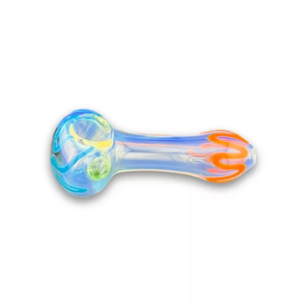 Glass pipe with blue and orange swirl design, small round base and long curved neck, sitting on white background.