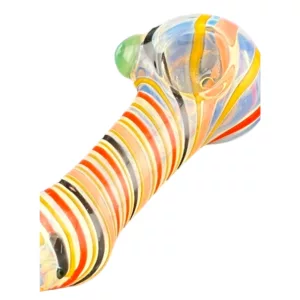 Handmade glass pipe with white and colored stripes, curved bowl and stainless steel base. Suitable for smoking aromatic or medical herbs.