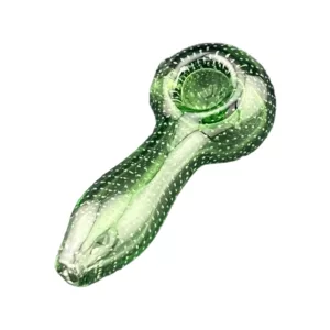Green glass snake-shaped air bubble hand pipe with small hole at end.