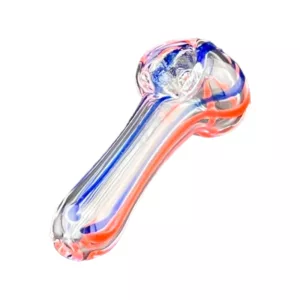 Candy cane-shaped handmade glass pipe with red, blue, and white stripes, silver band and cap, small bowl and handle. 2.5 inches. VSACHP2.5.