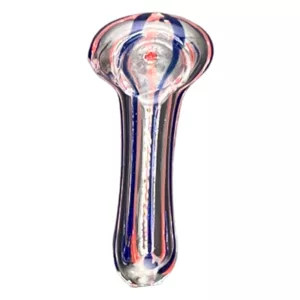 Handmade glass pipe with blue, red, and white stripes, designed for use with a long glass stem.