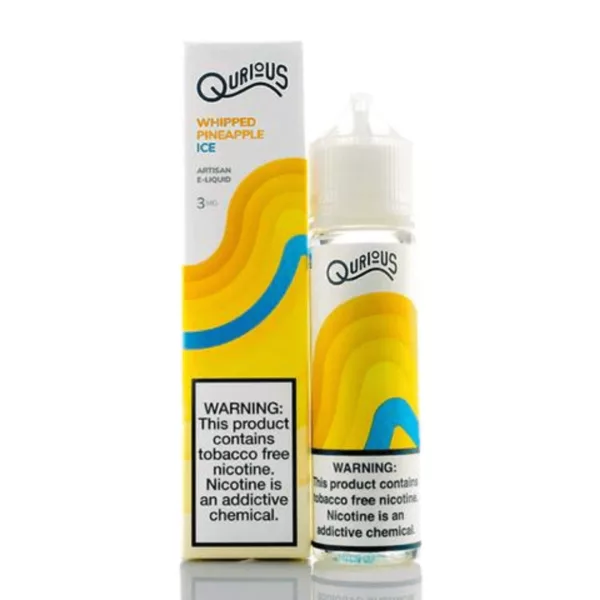 Clear e-liquid bottle with white cap and blue and white label featuring Quaffly. Whipped Pineapple Ice flavor. Yellow wave pattern on label.