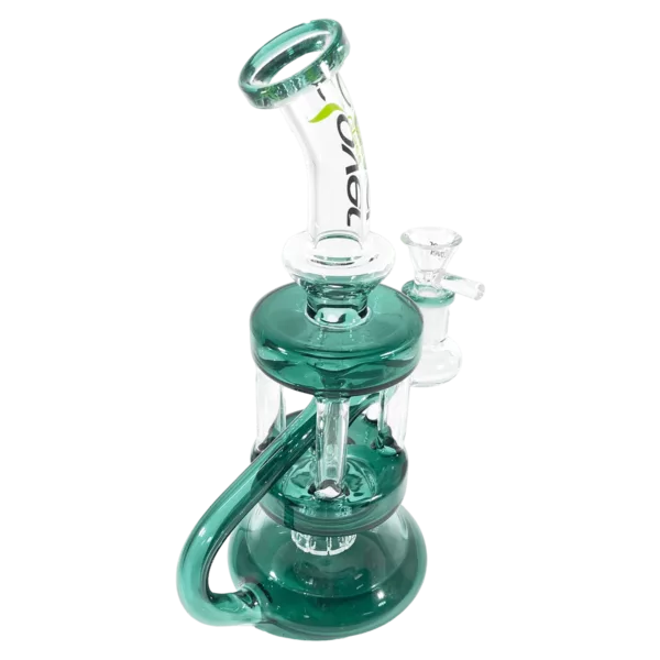 Handmade glass water pipe with long, curved neck, knurled grip, and small, round bowl. Large, rounded base with smooth surface.