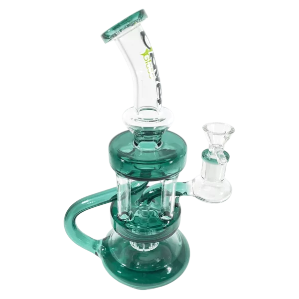 Large glass bong with clear, green stem and blue base. 3 small bowls on base. Top bowl holds water and smoke. Set on green base with small, blue bowl.