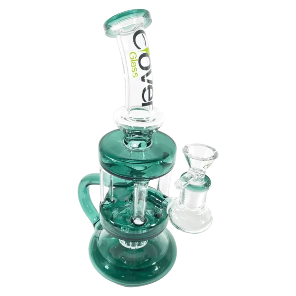 Clear glass bong with blue base and percolator for a smooth smoking experience.
