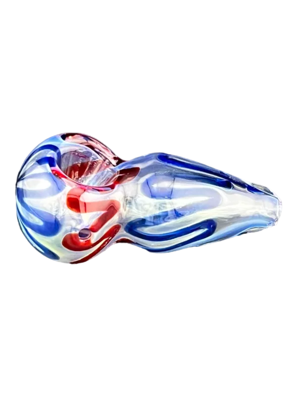 Blue and red glass pipe with white and blue abstract design, lit from behind to showcase intricate details.