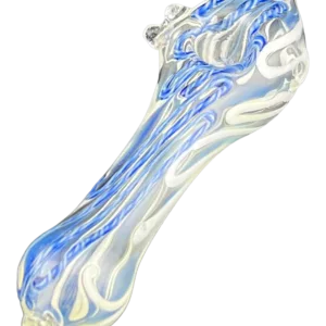 Blue and white swirled glass pipe or bong on black background.