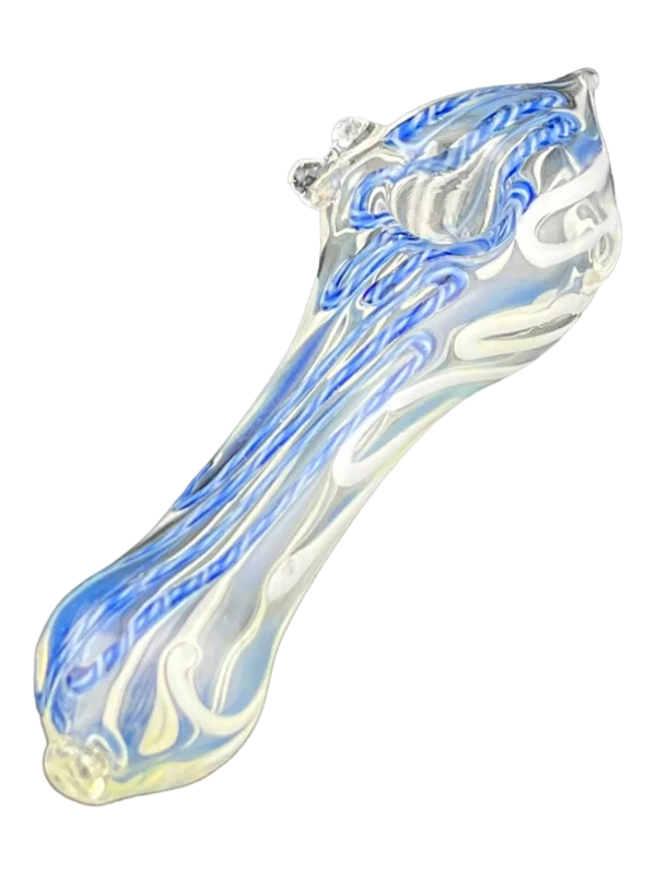 Blue and white swirled glass pipe or bong on black background.