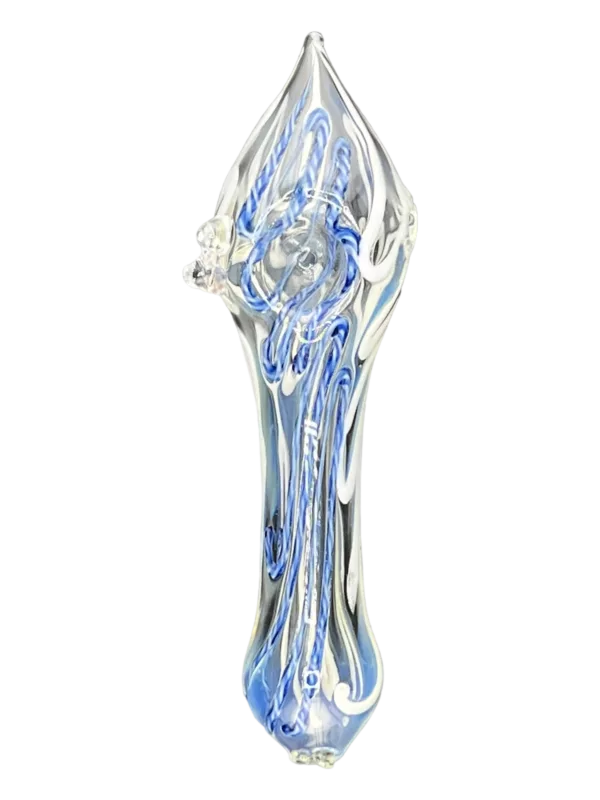 Smooth, clear blue conical glass with intricate organic design and no visible imperfections.