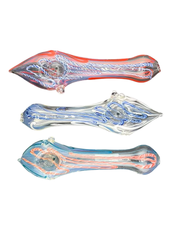 Three colorful glass pipes with striped patterns stacked on top of each other on a black background.
