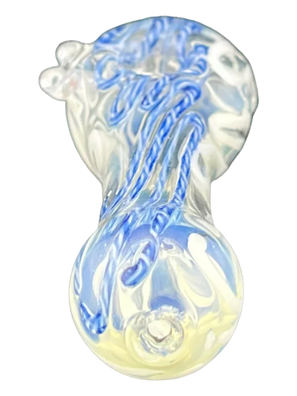 Handcrafted glass cone with blue and white swirls, shaped like a teardrop. A unique piece of art for smoking enthusiasts.