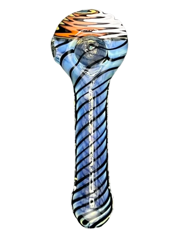 Handmade glass pipe with blue and orange stripes, long wavy shape, and small white base.