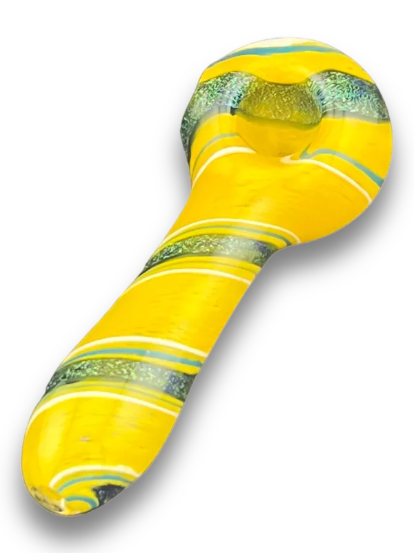 Yellow and blue striped glass pipe, shaped like a curved tube with small hole at end, sitting on black background.