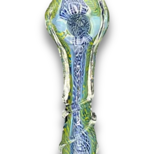 Opaque glass flower in green and blue, arranged in a spiral pattern, floating in mid-air.