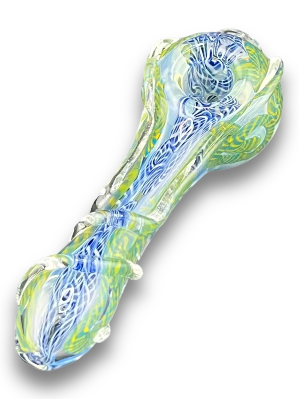 clear glass pipe with a blue and green swirled design, featuring an intricate and detailed pattern. It has a long, curved shape with a small, round bowl and a long, curved stem with a small, round knob at the end. The overall design is elegant and sophisticated with a modern, futuristic feel.