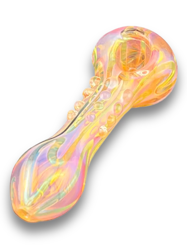 Long, curved glass pipe with colorful, swirling bowl. Perfect for smoking tobacco or other substances.