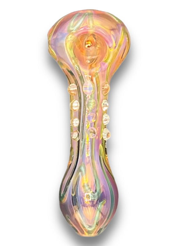 Ornate, pink and clear crystal goblet with smooth, cylindrical shape and large, round base. Perfect for smoking.