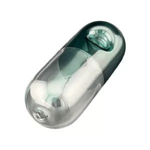 A clear plastic pill bottle with a green cap and white label that says Pill is shown on a white background.