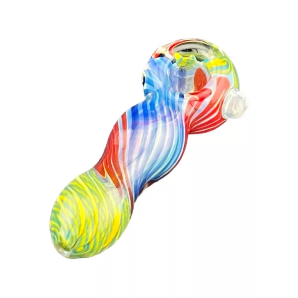 colorful, rainbow glass pipe with a round, bulbous shape and small, round bowl. The bowl has a white base and a swirled pattern in shades of red, blue, and yellow.