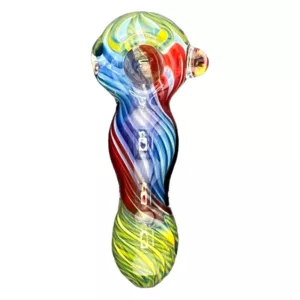 Psychedelic glass pipe shaped like a hand, with bright colored swirl design. Perfect for smoking enthusiasts.