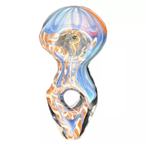 Hand pipe with ornate, psychedelic design on front and curved handle with intricate pattern.
