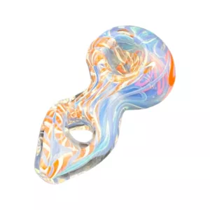 A colorful glass water pipe with an orange and blue spiral design on the body and an orange and white spiral on the downstem.