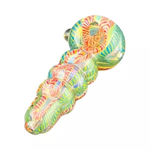 A colorful glass pipe with a long, curved shape and a swirling design in shades of green, yellow, and red. It has a small bowl and stem with a clear glass knob and hole surrounded by a circular ring decorated with small, circular patterns. The pipe is sitting on a white background.