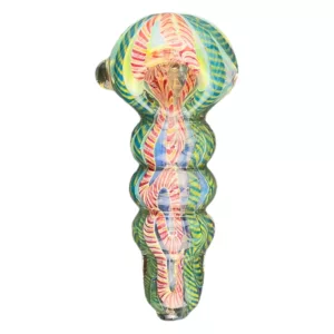 colorful, eye-catching glass pipe with a spiral design in blue, green, and red. It has a long, curved shape and is made of transparent glass. The pipe has a small, round base and a larger, tapered mouthpiece.