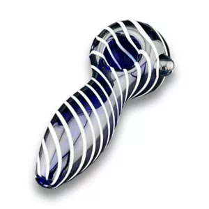 Blue and white striped glass pipe with curved shape, round base, transparent body, and white stem, displayed on white background.