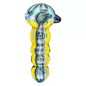 Clear glass pipe with blue and yellow swirling design. Curved shape with small, round base and large, round bowl. Mouthpiece and bowl are small and round. Sleek and modern appearance.