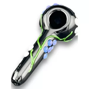 Handcrafted glass pipe with six blue and white petals arranged in a hexagonal pattern. Black base with reflective dots.