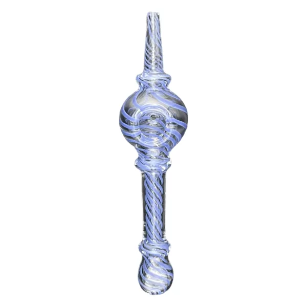 Handheld glass water pipe with long stem, small base, and swirled design. Tapered shape for comfortable grip.