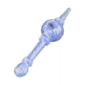 A blue, shimmering wand with a twisted spiral handle and small circular tip, held in an unknown hand, in a high angle close up shot.