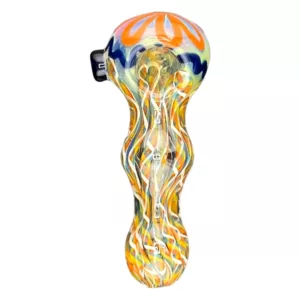 Vibrant orange and blue glass pipe with smooth, cylindrical shape and glossy finish.