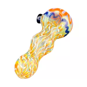 A colorful glass pipe with a spiral design, brown base and black tip, standing vertically with its stem pointing downwards.