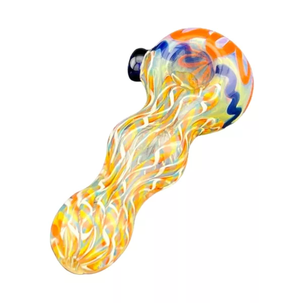 A colorful glass pipe with a spiral design, brown base and black tip, standing vertically with its stem pointing downwards.