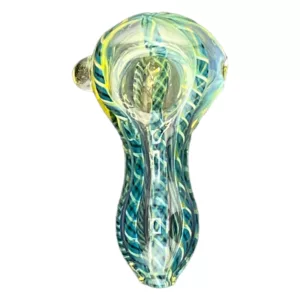 A colorful, swirling glass pipe with a small, translucent bowl and gold ring.