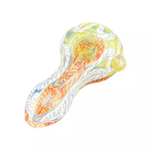 Unique, eye-catching clear glass bong with colorful design and curved shape. Small bowl and different-colored stem.