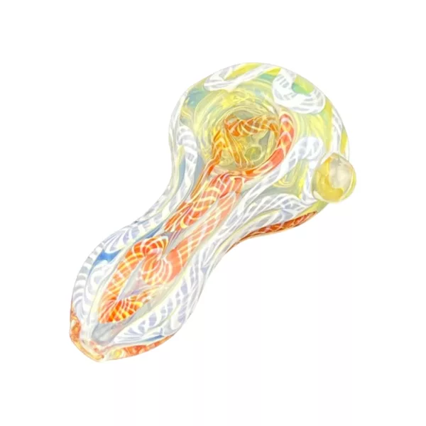 Unique, eye-catching clear glass bong with colorful design and curved shape. Small bowl and different-colored stem.