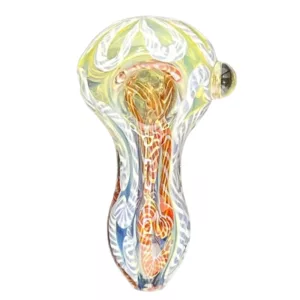 modern, elegant glass pipe with a colorful, interconnected design in blue, green, and yellow. It has a long, curved shape and a small, round base.