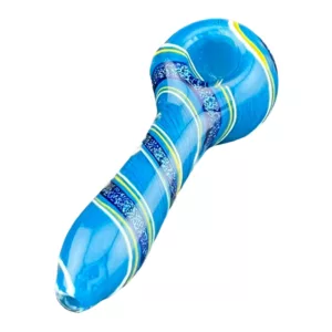 Handcrafted blue glass pipe with yellow & green stripe pattern, intricate design on white background.
