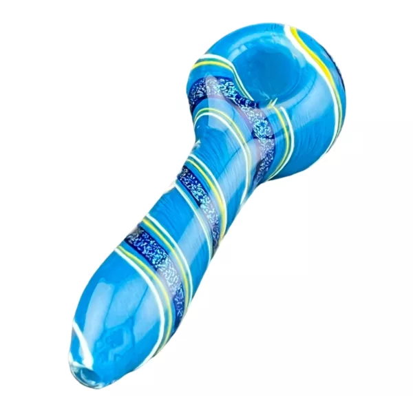 Handcrafted blue glass pipe with yellow & green stripe pattern, intricate design on white background.